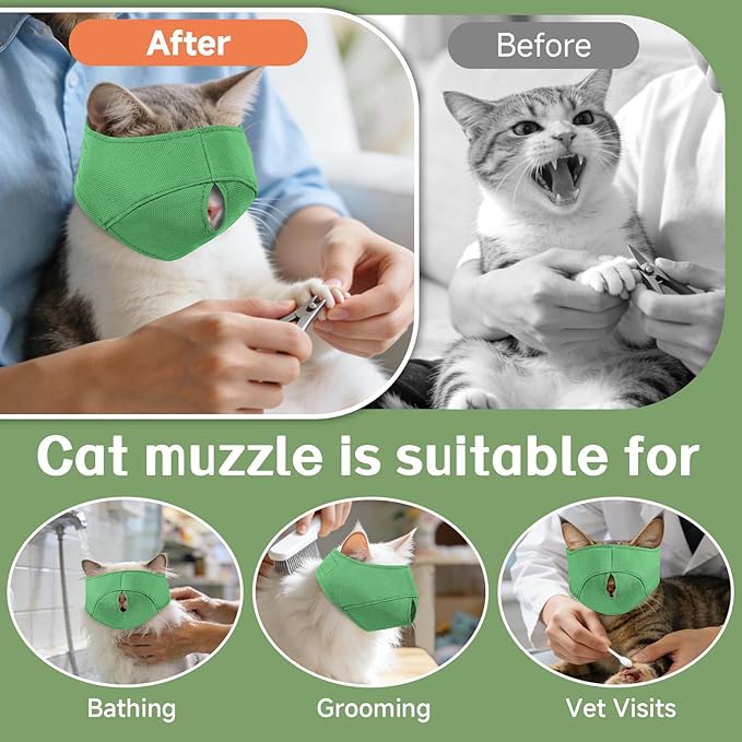 BARKLESS Cat Calming Muzzle for Grooming & Nail Trimming, Oxford Muzzle with Shading Design to Help Calm the Cat Down, Soft Head Cover to Prevent Biting & Scratching (Green, S)