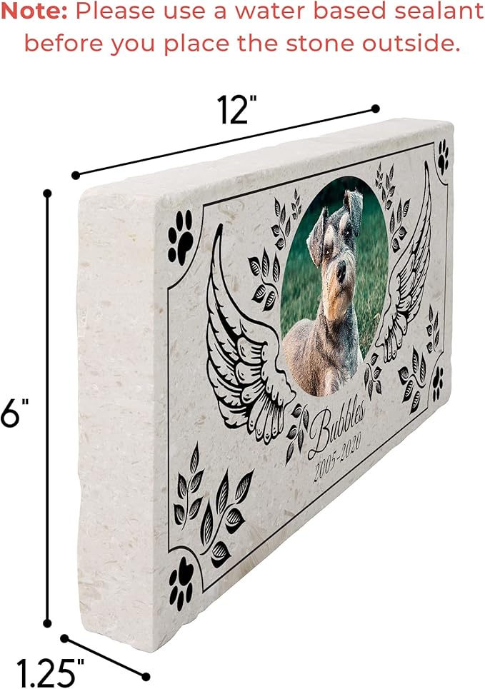 Personalized Pet Memorial with Keepsake Photo on Limestone - Headstones, Garden Stones, and Grave Markers for Dogs - Dog Memorial Stone, Pet Memorial Gifts - 12”x 6”x1.25" D (A. Bubbles Design)