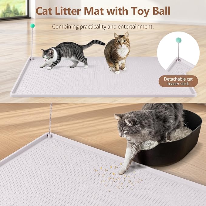 Large Cat Litter Mat with Toy Ball, 38'' x 25'' Silicone Cat Litter Trapping Mat for Scatter Control, Soft on Kitty Paws, Easy to Clean (White)