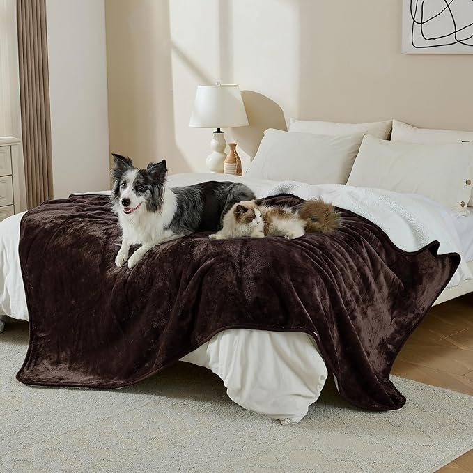 Waterproof Blanket for Bed Couch Sofa, Soft Liquid Pee Proof Pet Blanket for Dog Puppy Cat, Reversible Sherpa Fleece Furniture Protector (Brown, 50x60 inches)