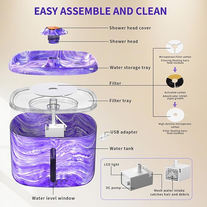 Cat Water Fountain Purple: Automatic Flower Pet Water Fountain for Cats Indoor-84oz/2.5L, Cute Cat Fountain for Drinking, LED Blue Light, Upgraded Ultra Quiet Pump, Gifts for Cats, Dogs (8Filters)