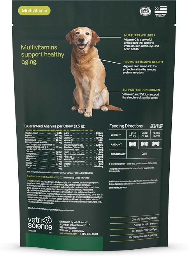 VetriScience Senior 27+ Active Health Chews, Canine Plus Daily Multivitamin for Senior Dogs, Balanced Vitamins, Minerals and Antioxidants, Healthy Aging and Wellness Support, Veggie, 60 Count