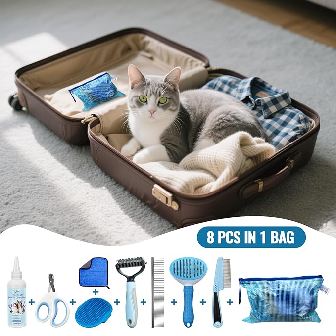 8 in-1 Dog Grooming Kit - Supplies for Short and Long Hair Dogs & Cats, Dog Brushes for Grooming, Dematting Comb for Pet, Bath Brush, Flea Comb, Pet Donditioner, Set in Blue