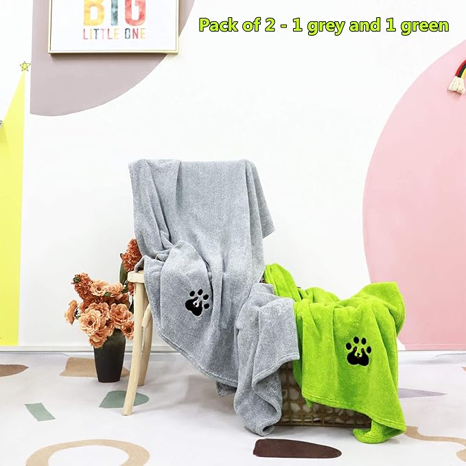 Extra Large Dog Towel - Pack of 2 - Super Absorbent Soft Microfiber Pet Bath Grooming Towels for Drying Dogs and Other Pets (XL-55" * 36", Green and Gery)