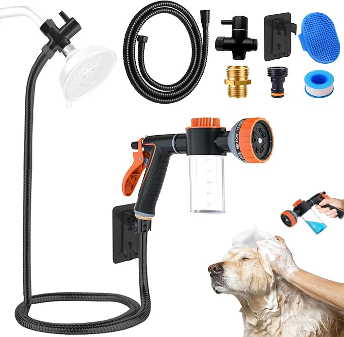 Dog Washing Hose Attachment for Pet Bathing with Black 3 Way Shower Diverter, Dog Wash Hose Nozzle Shampoo Sprayer for Pet Grooming Shower, Dog Shower Attachment for Bathroom