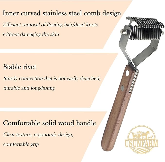 Large 2-Sided Undercoat Rake for Dogs and Cats，Professional Pet Grooming Shedding Tool Combs for animals，Stainless Steel with Wooden Handle for Thick Coats(14-Blades)