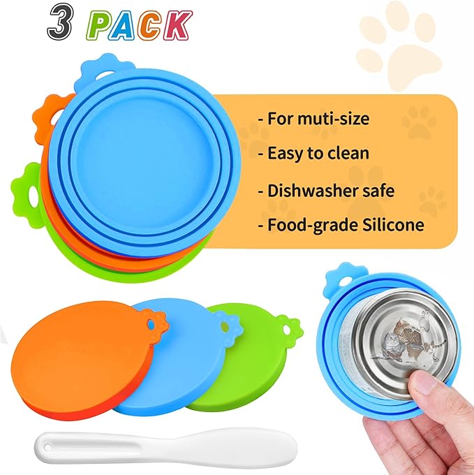 Lydia's Deal 3 Pack Pet Food Can Covers, Universal Silicone Can Lids for Dog & Cat Food, Fits Most Standard Size Food Cans, BPA Free & Dishwasher Safe (Green+Orange+Blue)