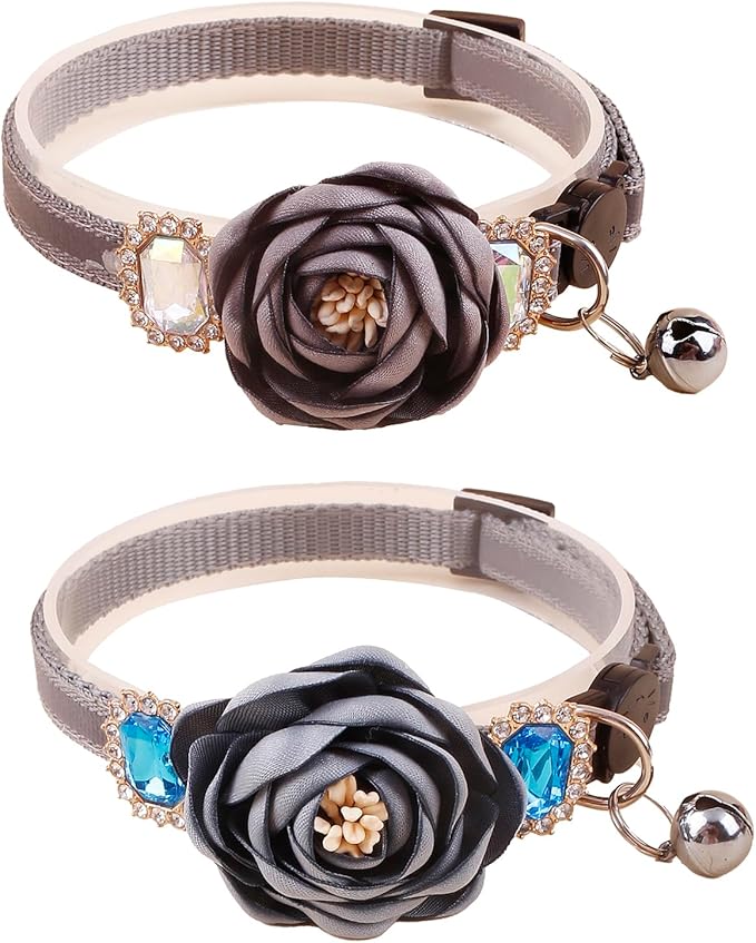 2 Pack Cat Collar Pink Floral with Bell and Removable Flower Bowtie Breakaway Adjustable Cat Collar for Girl Kitten Puppy Small Cats Dogs Daily Decoration (XQ9-4) (XQ9-2)