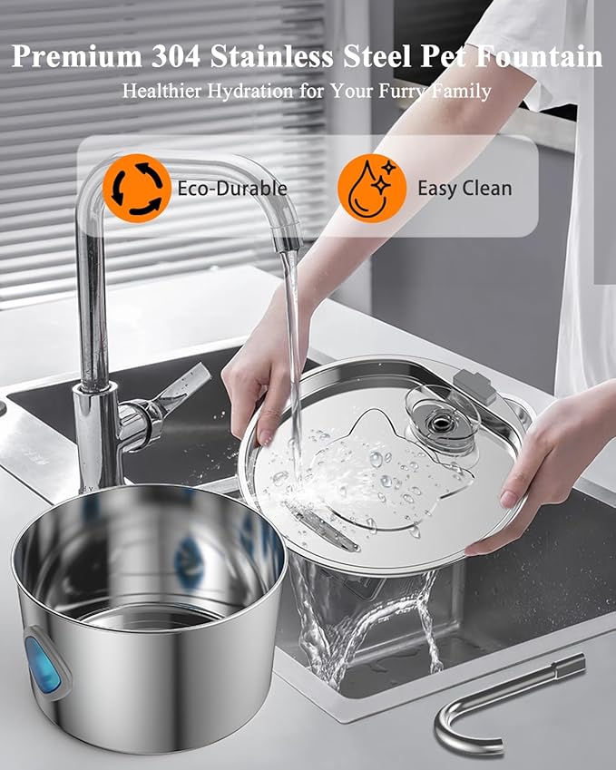 Cat Water Fountain Stainless Steel [3.2L/108oz] Large Capacity Automatic Water Dispenser for Cats Indoor with 3 Filters Kit, LED Water Level Window, Easy to Clean, Ideal for Cats Dogs Multi-Pet Home