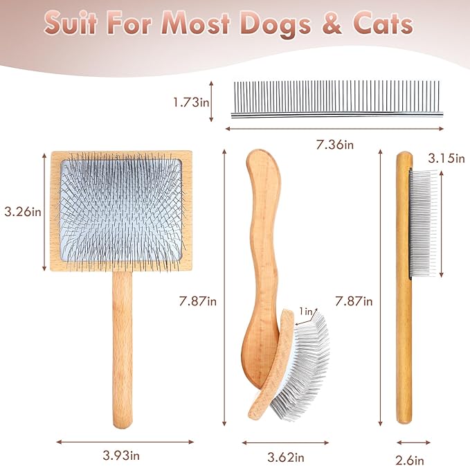 Slicker Brush for Dogs, Large Long Pin Dog Grooming Brush for Doodles Goldendoodles Poodles Labradoodle Bernedoodles, 3 Pcs Wooden Handle for Mats Tangles - Wood