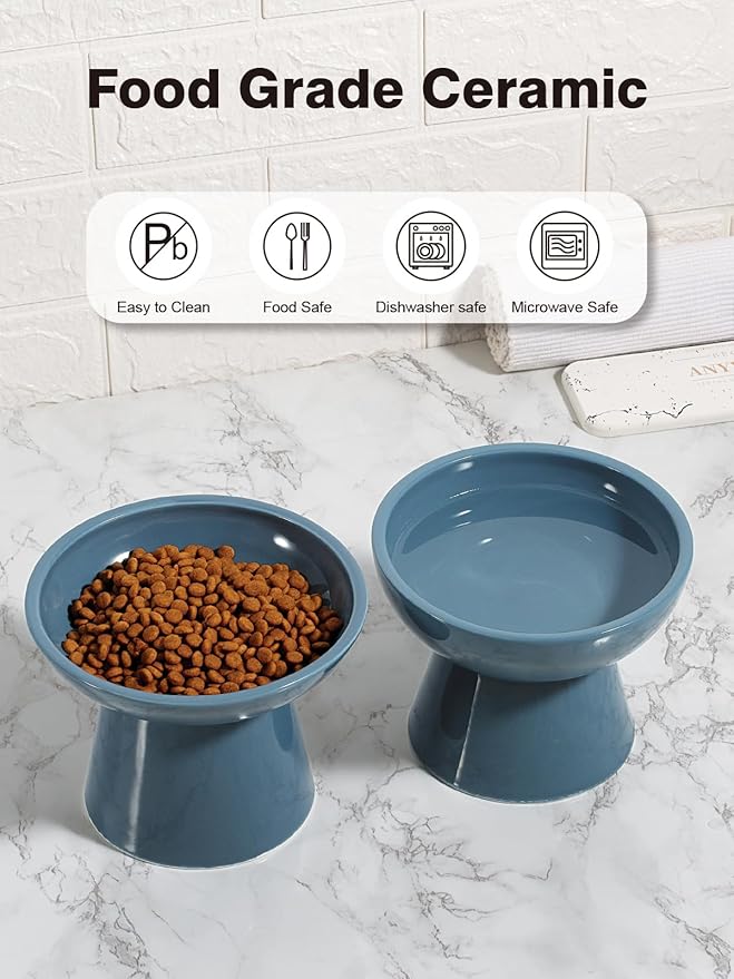 LoeJan Elevated Cat Food and Water Bowls Set, Extra Wide and Raised Ceramic Feeder, Anti-Vomit Whisker-Free Pressure Feeding Bowl for Kittens Adult Small Dogs (Deep Blue)