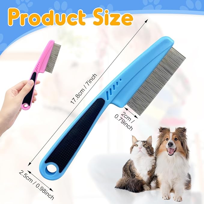 2Pcs Flea Comb for Dogs Cats, Upgrade Multifunctional Pet Comb Pet Hair Removal Flea Comb, Fine Tooth Stainless Cleaning Massage Brush for Dog Cat (Blue)