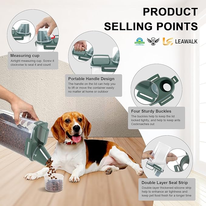 3-5Lbs/3Qt Dog Cat Food Storage Container With Foldable Bowl. Plastic Pet Food Dispenser for Small Animal Kibble/Pet Food/Bird Seed/Oatmeal/Rice/Flour/Brown Sugart/Cereals (Dark Green)