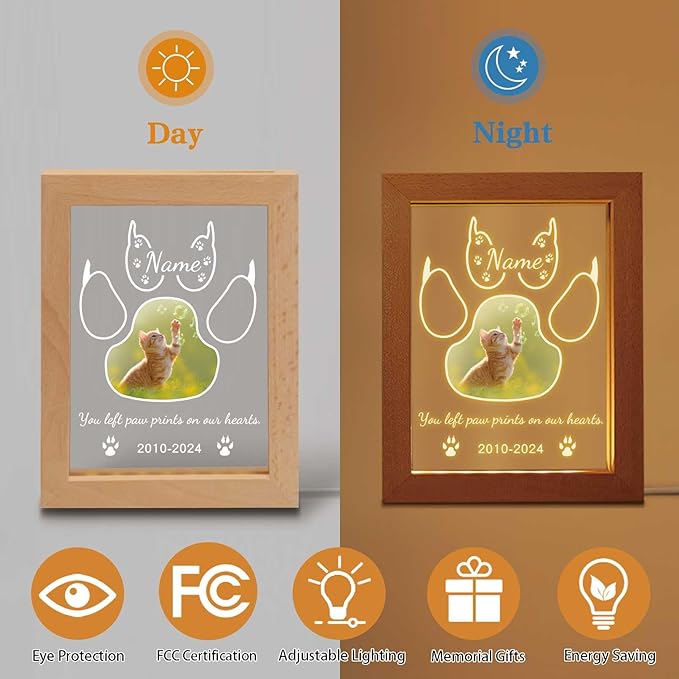 Personalized Cat Memorial Gift Night Light Customized Light Up Picture Frame Acrylic Led Plaque Lamp Pet Sympathy Remembrance Gift(Cat)