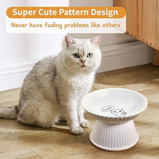 Upgraded 6.5" Extra Wide Ceramic Elevated Cat Bowl, Whisker Friendly Raised Cat Food Bowl for Food and Water, Anti-Vomiting High Cat Dish for Indoor Cats, Dishwasher Safe & Microwaveable