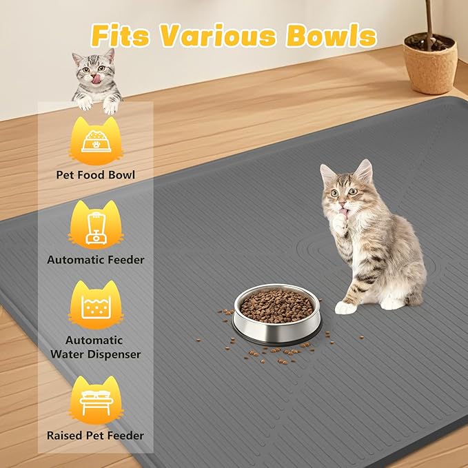 Lorvain 45" x 30" Cat Food Mat, Extra Large Silicone Pet Feeding Mat with Raised Edges, Pet Placemat for Cat Dog Food and Water Bowl Waterproof, Non-Slip, Easy to Clean, Floor Protection, Dark Grey