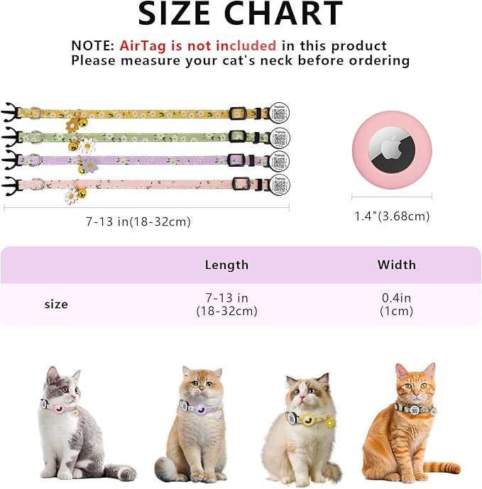 QR Code + Airtag Cat Collar, 2-in-1 Breakaway Safety Collar with Online ID & Apple AirTag Holder, Lightweight with Bell & Flower Charm for Cats, 8-13in (Pink)