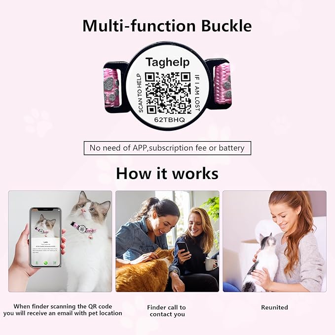 QR Code AirTag Cat Collar Breakaway Reflective with Bell - Digital Pet ID Tag for Lost Cat Recovery, Black Paw Print Design