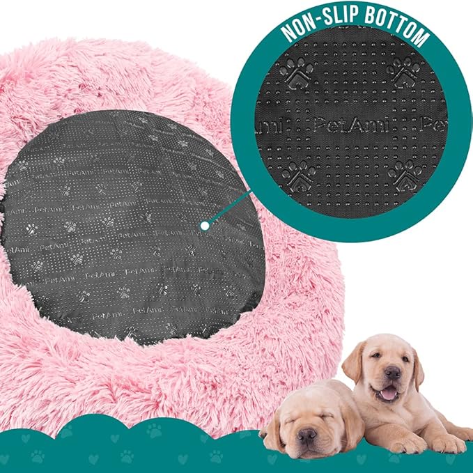 PetAmi Calming Dog Bed for Small & Medium Dogs and Cats, 30 Round Donut Dog Bed, Washable Fluffy Faux Fur Puppy & Cat Bed, Anti-Anxiety Plush Cuddler Pet Bed with Anti-Slip Bottom - Pink