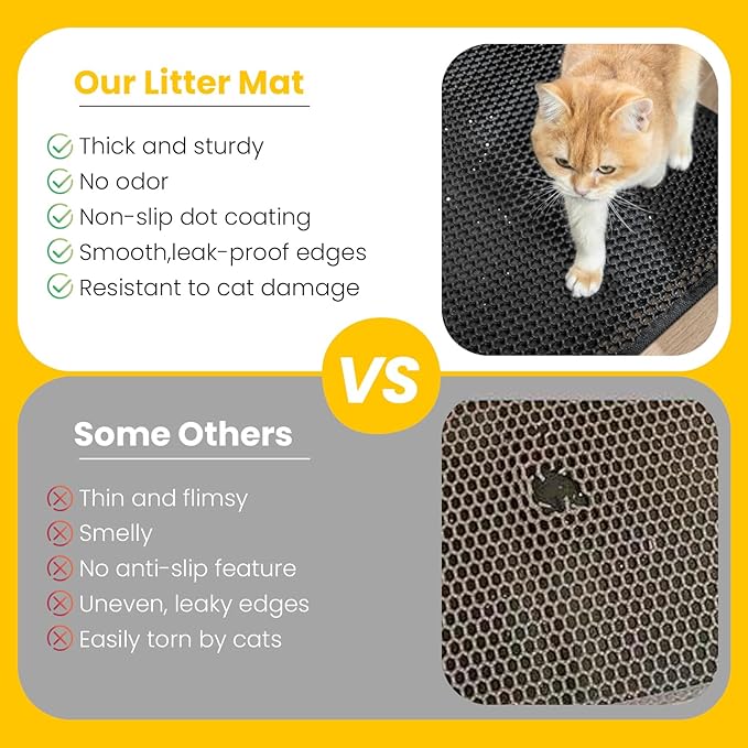 Cat Litter Mat Compact Size 23.6"x14.6" for Small Spaces, Upgrade Waterproof Leakproof Back Layer, Honeycomb Trapping Mat, Washable, Easy to Clean, Scatter Control Kitty Litter Matt, Black, 2 Packs