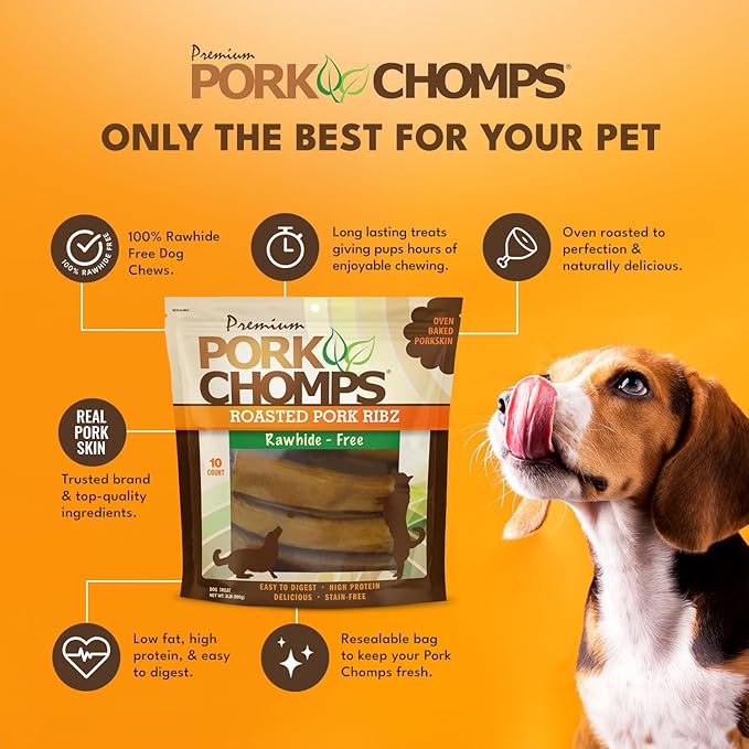 Pork Chomps Roasted Pork Skin Dog Chews, 6 Inch Rib Shapes, 10 Count, Pack of 1 - Long-Lasting Treats for Dogs - High Protein, Rawhide-Free, Low Fat, Healthy & Delicious Chews