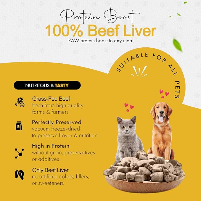 Freeze Dried Beef Liver Dog Treats | Healthy Kitten Treats, Single Ingredient, Raw | High Protein Cat & Dog Food Toppers, Grain-Free | Inspected & Tested in USA | 9.5 oz