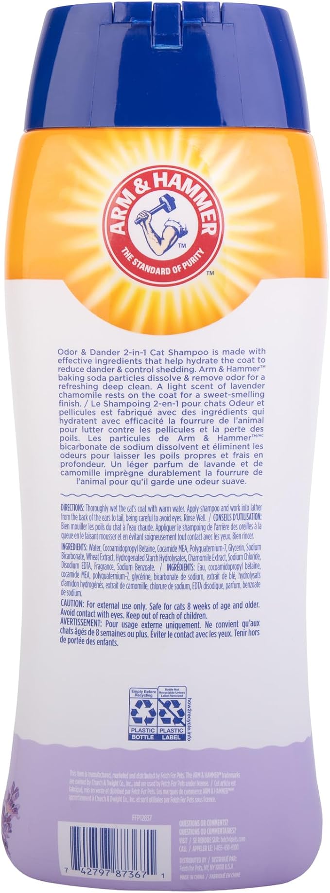 Arm & Hammer 2-in-1 Deodorizing & Dander Reducing Shampoo for Cats, Baking Soda Cat Shampoo for Dander, Odor Control and Coat Cleaning, Lavender Chamomile Scent, 20 Fl Oz - 6 Pack