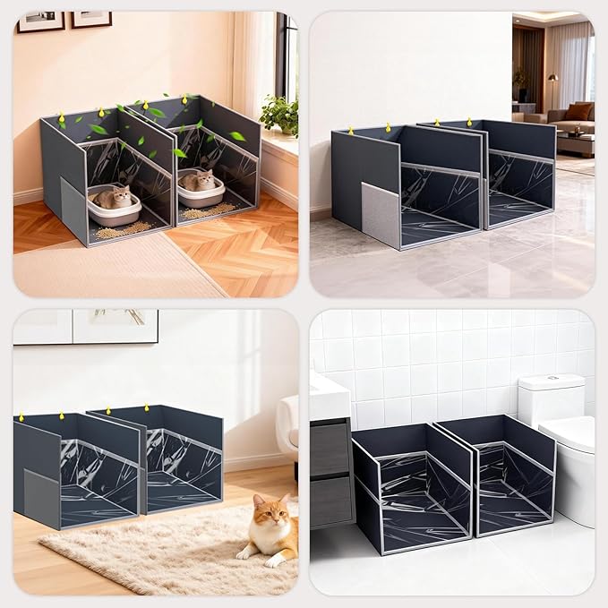 Aokeyee 2PCS Cat Litter Box Enclosure Splash Guard, All-in-One Large Waterproof Gray Litter Box Enclosure, Foldable Pet Litter Box Shield