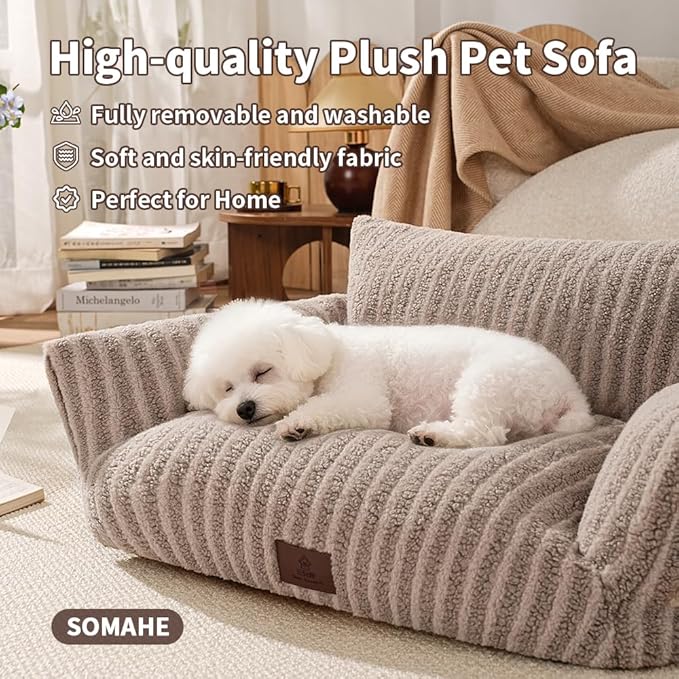 Cozy Couch for Cats Fluffy Pet Sofa with Premium Soft Fleece Fuzzy Cat Beds for Indoor Cat with Removable Washable Cover Supportive Pet Bed 24×18inch Beige