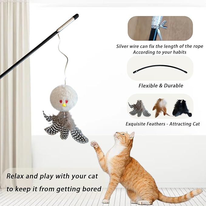3 PCS Cat Wand Feather Toy, Cat Teaser Sticks with Catnip & Bell Interactive Plush Ball Cats Toys for Indoor Play Chase Exercise with Kittens