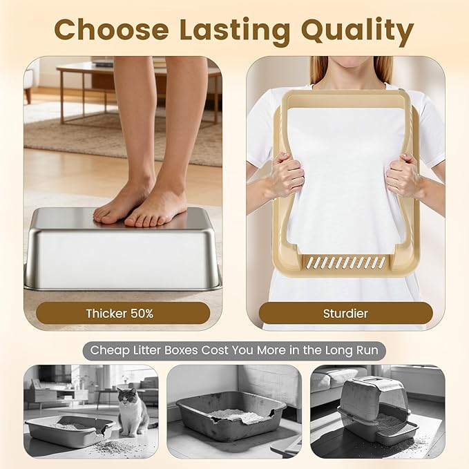 Small Stainless Steel Cat Litter Box - 11.8" High Sided, Open-Top Design, Low Entry for Kittens & Small Cats, Anti-Leak & Easy to Clean, Compact Space-Saving Size(17.3" L x 13.4" W × 11.8" H)