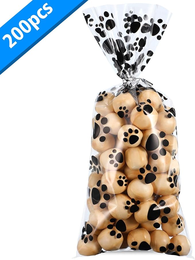 Blulu 200 Pcs Dog Treat Bags Pet Paw Cellophane Bags Dog Party Favor Heat Sealable Treat Paw Gift Cat Candy Bag with 200 Pcs Silver Twist Ties for Pet Party Favors(Black)