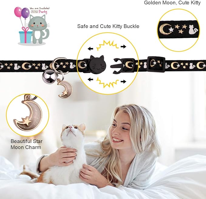 2PCS Breakaway Cat Collars with Bell Cute Kitty Glow in The Dark Adjustable Kitten Collars 7.9-13.0 Inch(Purple&Black)
