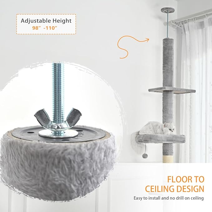 Floor to Ceiling Cat Tree,5 Tiers Tall Cat Tower with Adjustable Height(98-110),Cat Tree Floor to Ceiling with Cozy Hammock,Sisal Scratching Posts,Platforms,and Hanging Balls for Large Cats