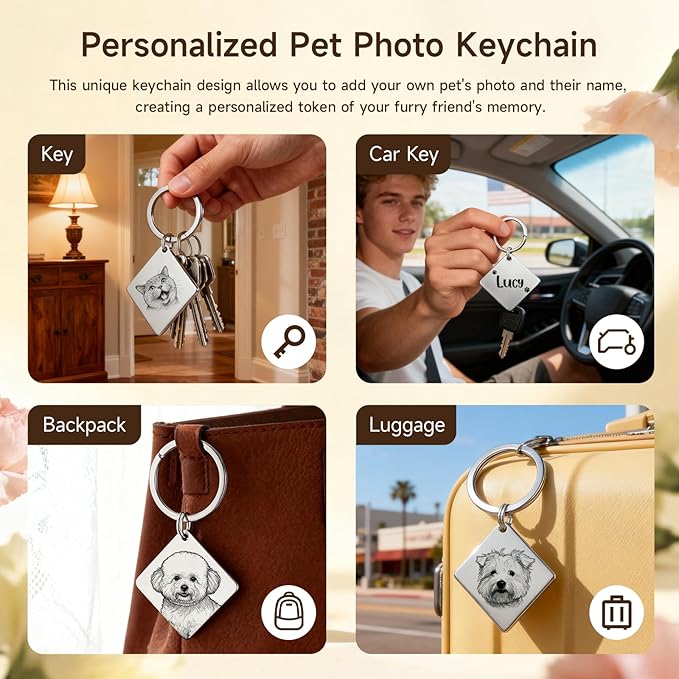 Custom Dog or Cat Portrait Keychain, Personalized Photo Engraved Keychains with Name, Customized Pet Memorial Gifts for Loss of Pets (Diamond Shape)