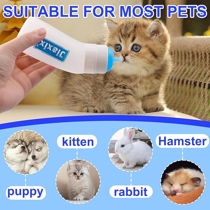 3 Pack Kitten Silicone Nursing Bottle,Silicone Feeding Nipple, Reusable Newborn Kitten Supplies, Suitable for Feeding Kitten, Puppy, Rabbit, Hamster (Blue, Small)
