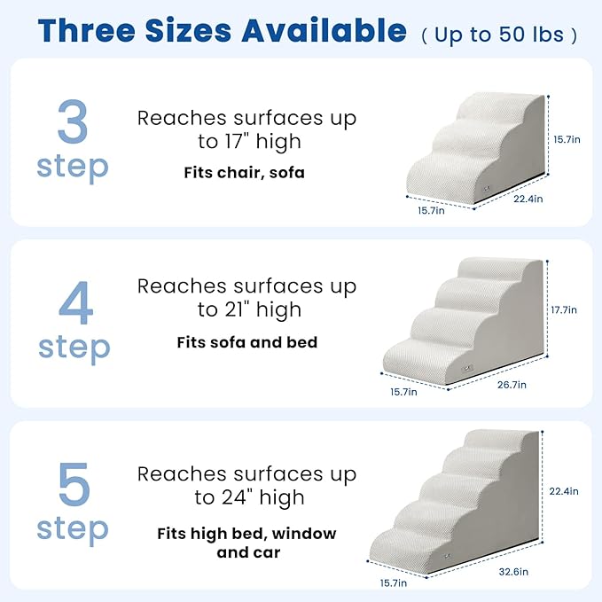Dog Stairs for Small Dogs and Cats – 3 Step Pet Ramp for Couch & Sofa, Non-Slip Dog Steps for Pets, Washable Cover, High-Density Support Foam for Easy Climbing,Light Grey