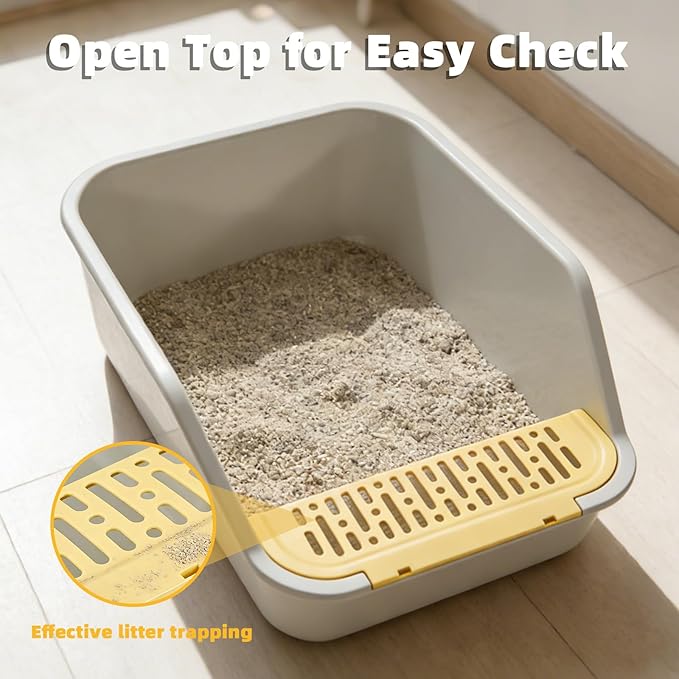 Large Cat Litter Box with High Sides,Cat Litter Pan for Indoor Big Cats,Open Top High Wall Kitty Litter Box with Low Entry for Kitten & Senior Cat,Easy to Clean,Anti-Splashing (Grey)