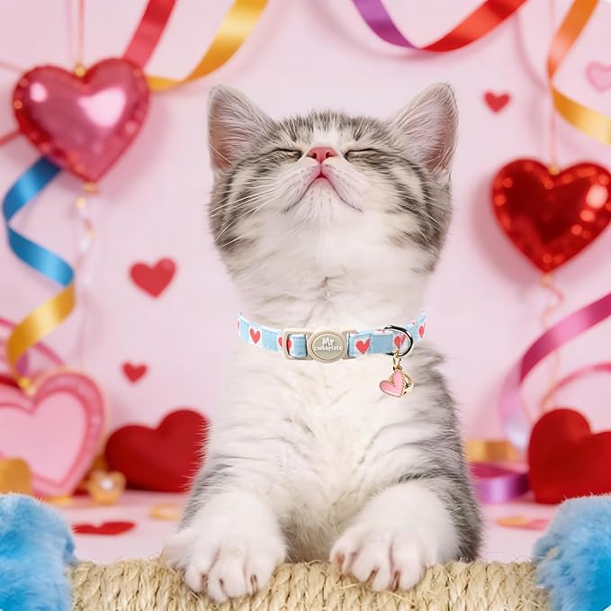 Valentine 2 Pack Cat Collar, Cute Soft Breakaway Kitty Collar with Bell&Pendent, Cotton Valentines' Heart Pattern Collar with Safety Buckle for Girl Cats