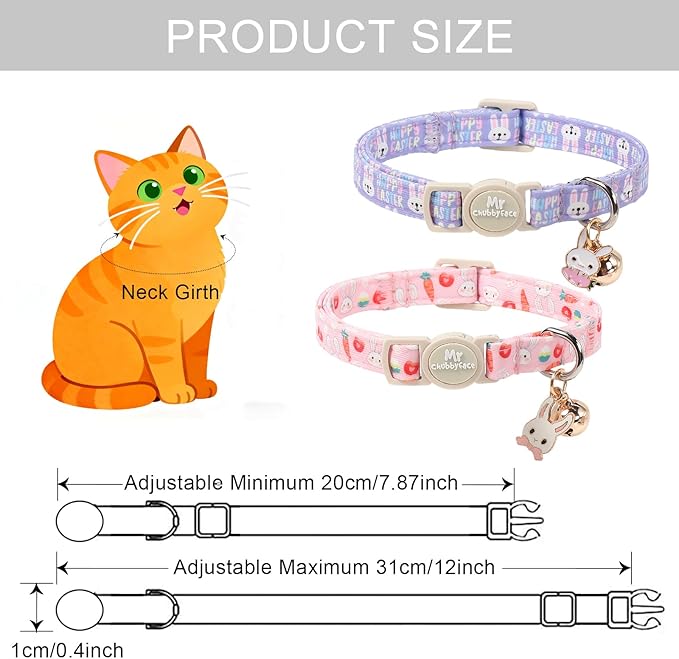 2 Pack Easter Cat Collar, Purple Rabbit& Pink Rabbit Pattern Kitten Breakaway Collar, Adjustable Cute Easter Collar with Bell&Pendent for Female Male Cat