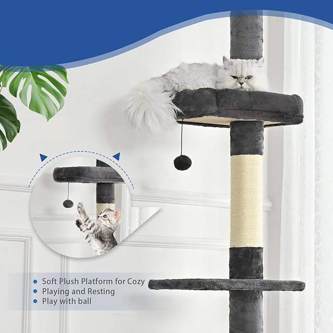 Cat Craft Floor to Ceiling Cat Tree,5 Tiers Tall Cat Tower with Adjustable Height(98-110),Skinny Ceiling Cat Tree with Cozy Hammock,Sisal Scratching Posts,Platforms,and Hanging Balls for Large Cats