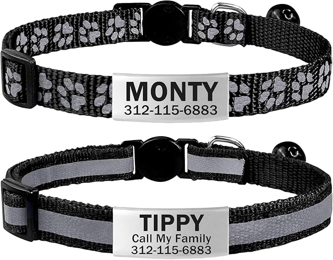 TagME 2 Pack Cat Collar with Name Tag, Personalized Reflective Cat Collar Breakaway with Bell for Boy & Girl Kitten, Black