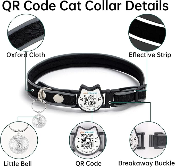 Cat Collar with Bells Reflective Cat Collars Breakaway with Oxford Cloth Soft Padding Adjustable Kitten Collar with QR Code（Black）