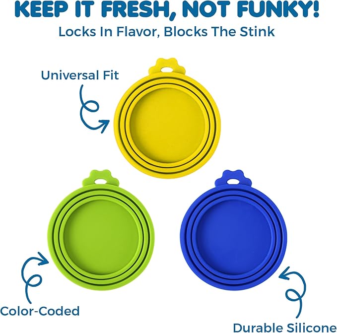 SunGrow Cat Food Can Lids, Durable and Flexible Silicone Wet Pet Food Can Covers, Universal Fit Storage Toppers, Dishwasher-friendly, Yellow, Blue, Green, 4” x 3.5”, 3 Pcs Per Pack