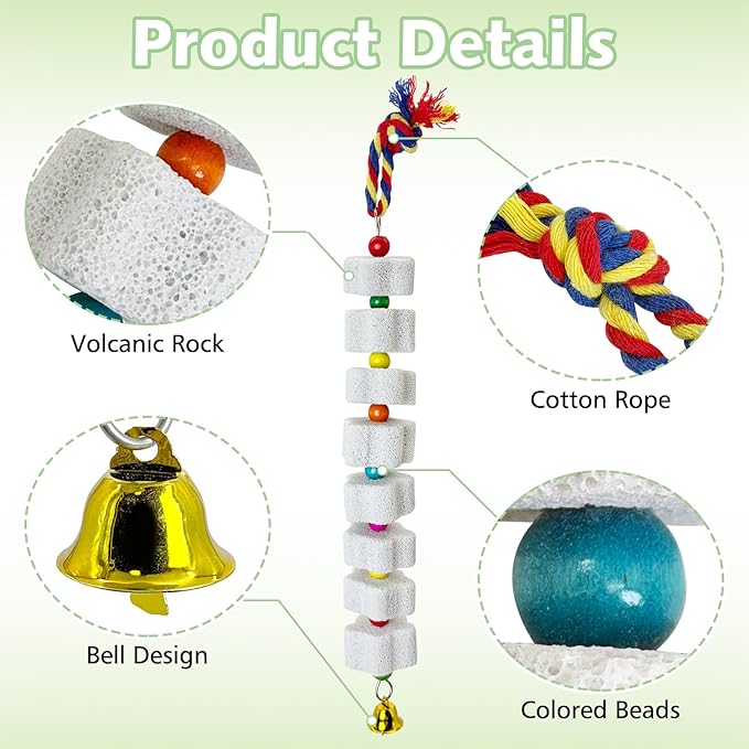 3 Pack Bird Chewing Toy Lava Calcium Bird Beak Grinding Stone with Bell Hanging Parakeet Cage Accessories for Parrot Budgies Hamster Chinchilla Rabbit African Grey