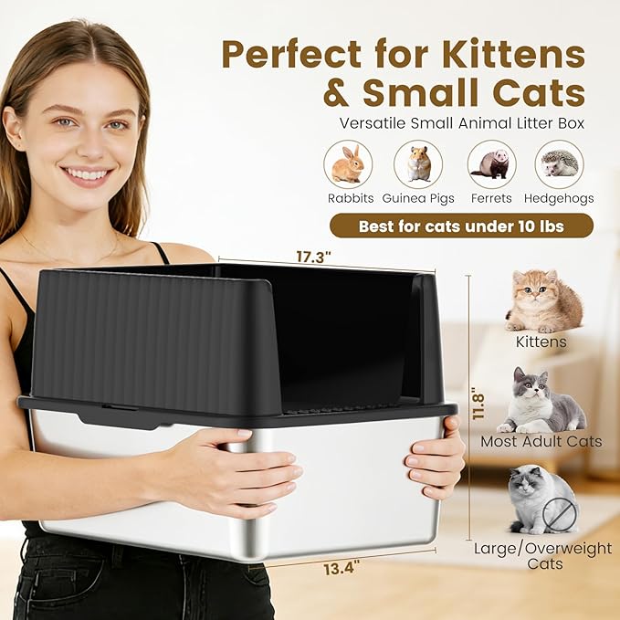 Small Stainless Steel Cat Litter Box - 11.8" High Sided, Open-Top Design, Low Entry for Kittens & Small Cats, Anti-Leak & Easy to Clean, Compact Space-Saving Size(17.3" L x 13.4" W × 11.8" H)
