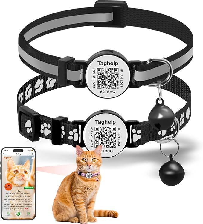 2-Pack Reflective Cat Collar with Bell - Breakaway Safety Collar Elastic Design, QR Code Name Tag & Night Safety Feature for Indoor/Outdoor,Kitten Cat ID Tag Personalized(Black)