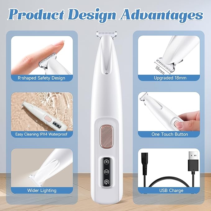 Dog Paw Trimmer Low Noise, Electric Clippers for Dog's & Cat's & Rabbit's, Pet Paw Trimmer with LED Light, Paw Cleaner USB Rechargeable, Grooming Shaver for Pet Feet Eyes Face Ears Rump Hair