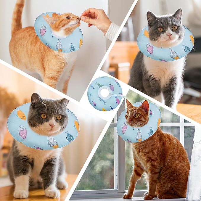 Seyezo Cat Cone Collar Soft, Adjustable Cat Recovery Collars Kitten Cones to Stop Licking, Cute Donut Cones for Cats After Surgery, Elizabethan Collar for Kittens After Spay(Blue Fish, Large)