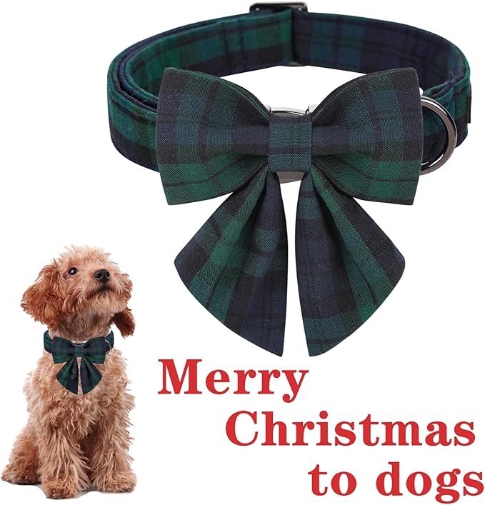 Unique style paws Christmas Dog Collar with Bow Tie Green Plaid Puppy Collar for Small Medium Large Dogs as Autumn Winter Pet Gifts-L